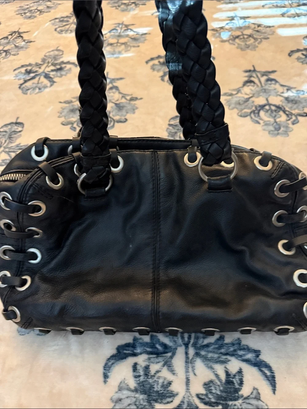 Michael Kors Black Leather Shoulder Bag with Braided Handles and Tassel